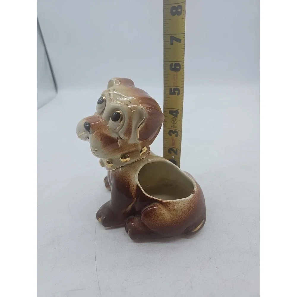 Vintage Ceramic Dog With Sad Eyes Planter Gold Collar Sad Eyes